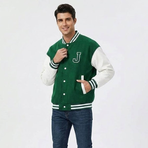 <b>Men's</b> Green <b>White</b> Varsity <b>Jacket</b> Letter J Embroidered Preppy Style Regular Fit Turn-down Collar Autumn Wear - Product Image 2