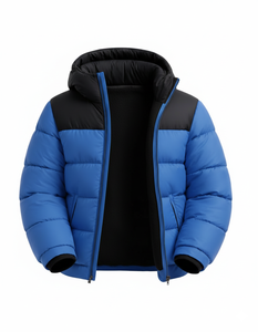 Veste matelassée à capuche bicolore pour homme, légère et chaude pour l'hiver, avec fermeture éclair, coupe-vent décontractée pour l'extérieur, noir et bleu - Product Image 3