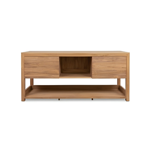 Meuble-lavabo double vasque en bois de teck, finition naturelle, meuble de rangement en bois massif avec étagère - Product Image 4