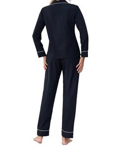 Pijamas de Invierno para Mujer, Primavera/Otoño, Manga Larga, Color Azul Marino Sólido, Cuello Camisero, Nuevo Conjunto Holgado para Estar en Casa, Talla Grande - Product Image 5