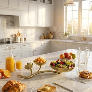 Bol décoratif en aluminium doré à double compartiment sur feuille, idéal comme centre de table - Product Image 3