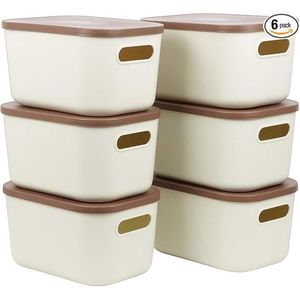 Set di 6 Contenitori di Plastica Beige con Coperchi a Scatto, Organizzatori per Spazi Ristretti - Product Image 1