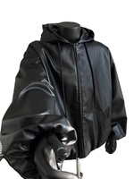 Veste d'hiver décontractée pour homme, mode coréenne, courte, surdimensionnée, en cuir PU noir avec capuche, fermeture éclair, douce, chaude, vêtements amples