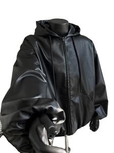 Veste d'hiver décontractée pour homme, mode coréenne, courte, surdimensionnée, en cuir PU noir avec capuche, fermeture éclair, douce, chaude, vêtements amples - Product Image 4
