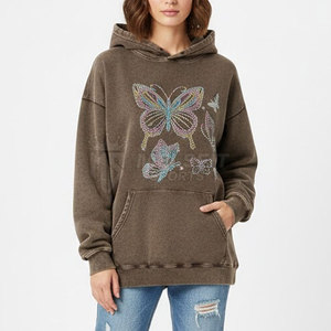 Hoodies élégants pour femmes en tricot avec strass, effet délavé, doux, 100% coton, tissu léger, parfaits pour la mode décontractée et streetwear - Product Image 3