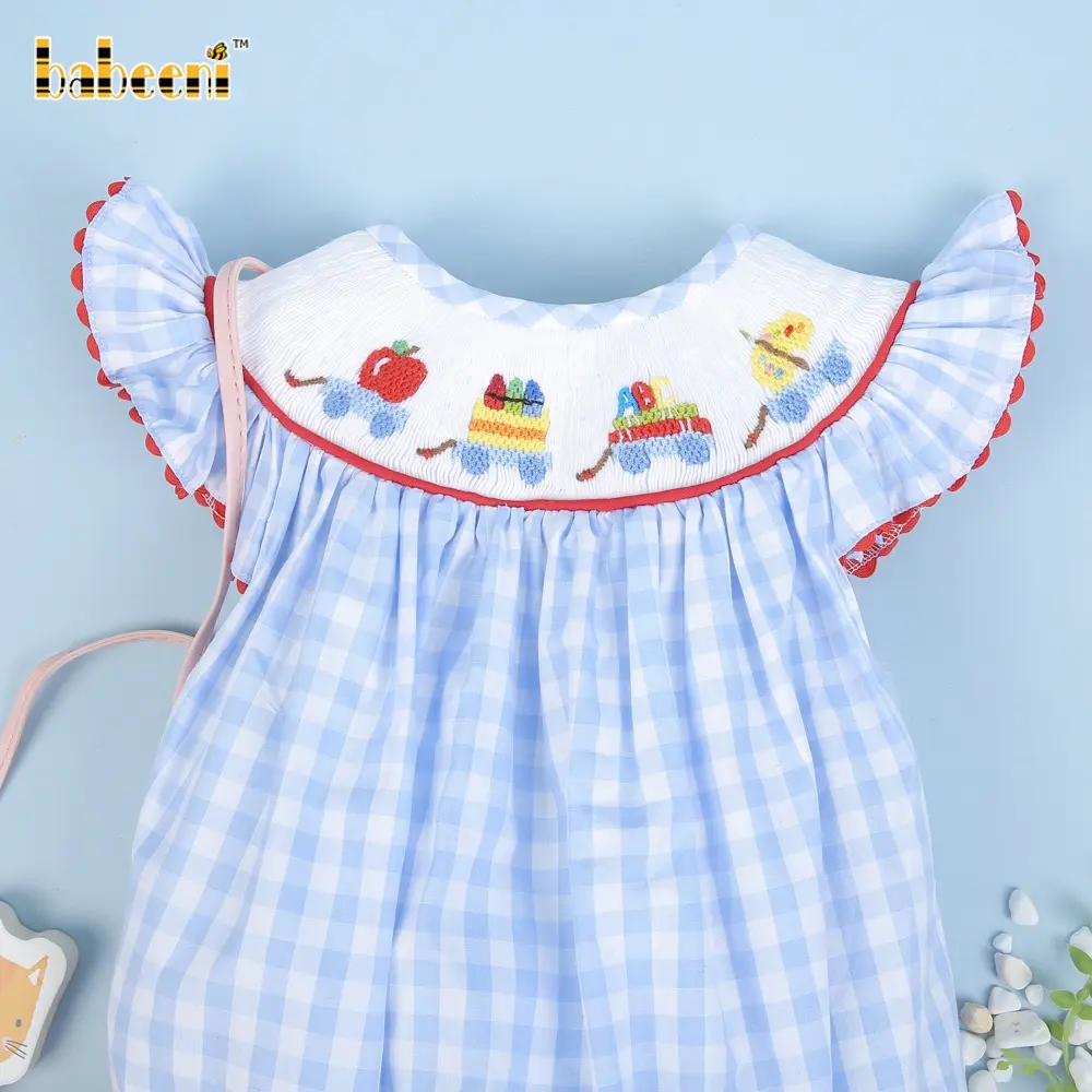 Torna a scuola smocked girl bubble blue check ODM OEM all'ingrosso smocked ragazza vestito di alta qualità-BB2155