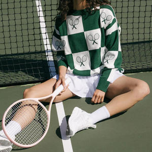 Suéter de Mujer Personalizado al por Mayor, 100% Algodón, Bordado, para Tenis o Golf, Cuello Redondo, Tejido de Punto de Alta Calidad 12GG, Diseño a Cuadros, OEM - Product Image 3