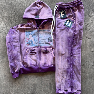 Ensemble de survêtement streetwear personnalisé épais, délavé à l'acide, effet soleil, avec broderie et sérigraphie, idéal pour l'hiver - Product Image 2