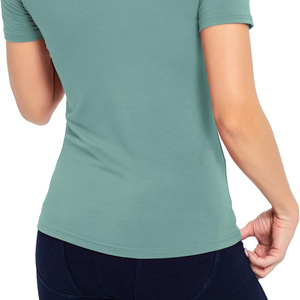 Haut décontracté à col roulé et manches courtes pour femme, en jersey uni, coupe classique, respirant, en coton biologique, été, avec logo vert - Product Image 4