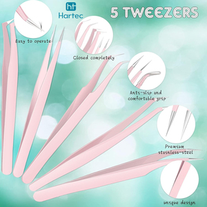 Multi-Shape Salon Quality 5-Piece Precision Tools with Storage Box Non-Magnetic Pointed Stainless Steel Eyelash Tweezers - Product Image 2