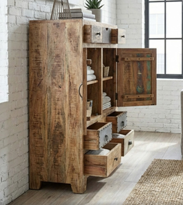 Grand meuble de rangement de style industriel antique en bois de récupération avec tiroirs et étagères réglables en bois de manguier massif, mobilier écologique - Product Image 3