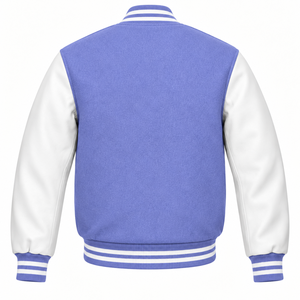 Veste universitaire pour homme, couleur violette, blocs de couleurs, manches en similicuir blanc, col montant, boutons-pression, vêtement d'extérieur d'hiver - Product Image 2