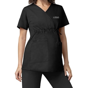 Tops de travail pour femmes à col en V avec cordon de serrage à la taille, bleu, mélange polyester-coton, uniformes d'hôpital pour infirmières - Product Image 1