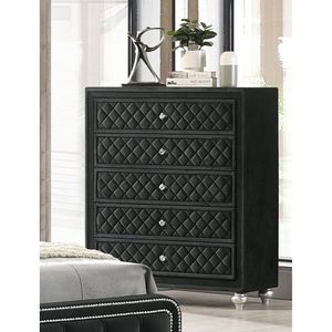 Commode traditionnelle Glam à 5 tiroirs en velours noir capitonné avec poignées en fausses pierres précieuses 1 pièce - Product Image 2