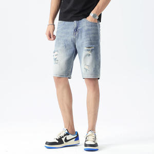 Shorts en jean déchiré uni pour homme, longueur genou, taille haute élastique, style vintage, coupe droite durable, poches avant et arrière - Product Image 2