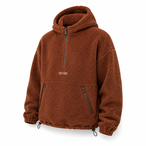 Sweat à capuche mi-zippé en polaire sherpa marron rouille pour homme, épais, pour l'hiver, fabricant OEM sous marque privée - Product Image 3