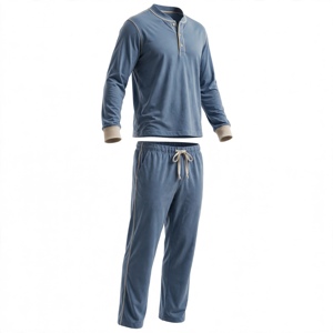 Ensemble de pyjama pour homme bleu foncé à manches longues avec bordure grise, tricot doux 100% coton, décontracté, lavable en machine, 2 pièces - Product Image 4