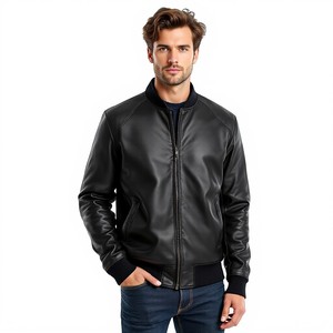 Blouson aviateur en cuir de vachette noir pour homme, style moto, fermeture éclair, coupe classique, couleur unie, col rabattu, vêtement d'automne - Product Image 6