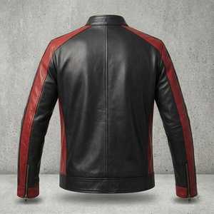Blouson moto homme en cuir PU noir et rouge, col montant, fermeture éclair, coupe ajustée, style automne - Product Image 6