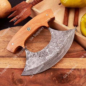 Cuchillo de Chef Alskan Ulu de Acero Damasco Forjado a Mano con Diseño de Gota de Lluvia, Mango de Madera de Olivo, Funda de Cuero Ambidestra, Diseño Moderno, OEM - Product Image 4