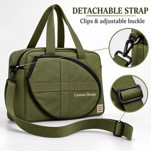 Sac de raquette de squash vert olive personnalisable avec poche zippée incurvée et bandoulière pour équipement - Product Image 2
