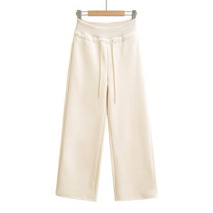 Pantalones de Punto de Cintura Alta y Pierna Ancha para Mujer, Color Sólido, Cintura Elástica con Cordón, Corte Holgado Informal, Largura hasta el Tobillo, para Primavera - Product Image 1