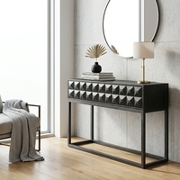 Table console de rangement moderne de luxe en teck brun, écologique, faite à la main, avec façade sculptée à motif géométrique diamant, élégante pour hôtel