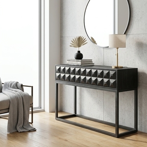 Dice <b>Console</b> <b>Black</b> Modern Wooden Entryway Table Featuring Geometric Diamond Pattern Carved Facade And Sleek Metal Frame Base - Product Image 2