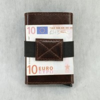 Dompet Kartu ID Kulit Asli Aluminium Metal dengan Tombol Tekan, Anti RFID, Dilengkapi Karet Elastis, Tipis, Pendek, Mini untuk Pria