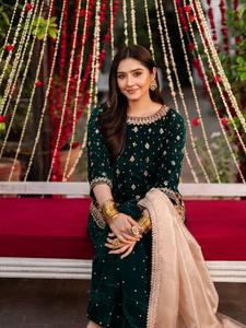 Ensemble Sharara en velours de viscose orné, Salwar Kameez avec Dupatta, vert, tenue de fête ethnique pour femmes - Product Image 3