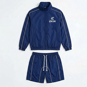 Wholesale Custom Logo <b>Mens</b> Navy Blue 2 Piece Tracksuit Set Lightweight Nylon Windbreaker <b>Jacket</b> And Shorts Piping Design - Product Image 1