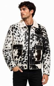 Veste en cuir véritable pour homme, en cuir de vache, imprimé animal, col rabattu, fermeture à boutons, doublure en fausse fourrure épaisse, style décontracté d'hiver - Product Image 2