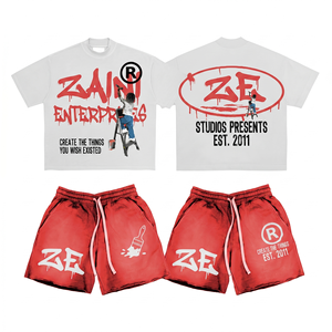 Ensemble T-shirt et short en jersey de coton premium 280 GSM pour homme, blanc et rouge, impression DTG, impression sérigraphique, logo personnalisé, marque privée, OEM, ODM - Product Image 1