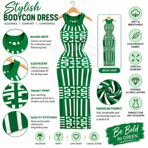 Robe longue moulante en maille sans manches à imprimé géométrique vert et blanc, élégante, de la sororité Cosh International - Product Image 6