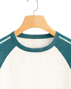 Custom Teal <b>White</b> Raglan Long Sleeve T Shirt Men Ribbed 100% Cotton Crew Neck Casual Baseball <b>Tee</b> OEM Manufacturer Supplier - Product Image 5