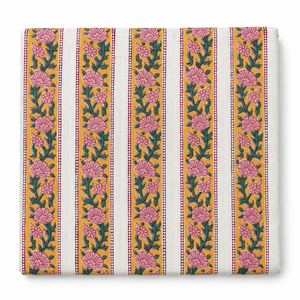 Tela de Algodón Voile Ligera, Tejida a Mano, Estampada con Bloques, 90GSM, Diseño Floral Rosa con Rayas Amarillas, Pinksa Fashion - Product Image 6