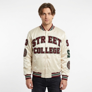 Veste de baseball personnalisée à blocs de couleurs, motif graphique, bordeaux, noir, satin, style streetwear pour homme, bomber - Product Image 2