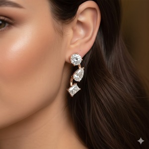 Boucles d'oreilles pendantes fantaisie en or massif 14 carats avec trois diamants de laboratoire pour femme, idéales pour mariage - Product Image 3