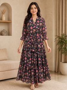 Robe longue maxi pour femme à imprimé floral, col en V, en mousseline de soie à volants, style bohème, pour l'été, la plage, les vacances, avec ceinture - Product Image 4