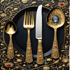 ชุดจานชามทองคำสุดหรูพร้อมด้ามจับลายฉลุประณีตและประดับด้วยอัญมณีสีน้ำเงินขนาดใหญ่ มีจำหน่ายในราคาขายส่ง - Product Image 1