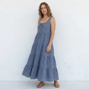Vestido de algodón con estampado de cuadros azules estilo bohemio para mujer, sin mangas, holgado, con volantes, ideal para verano, para venta al por mayor. - Product Image 1