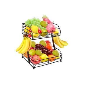 Cesta de frutas de 2 niveles para encimera de cocina con 2 colgadores para plátanos, cesta de pan metálica para encimera con asa de madera - Product Image 6
