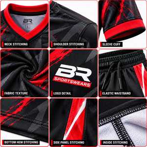 Ensemble de maillots de football personnalisés imprimés par sublimation, col en V, manches courtes, kit d'équipe, devant unisexe, adulte, noir, rouge, toutes saisons, polyester - Product Image 5