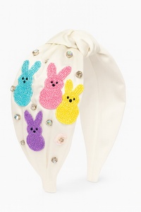 Happy <b>Easter</b> Day Cute White Base with Multicolor EmbellishmentsHandmade Beaded Bunny <b>Headband</b> Fabric Knot Hairband for Girls - Product Image 2