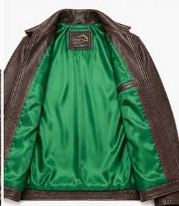 Veste en cuir marron gaufré pour homme Champ King avec doublure en satin vert, col montant et fermeture éclair - Product Image 5