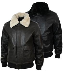 Men's Genuine <b>Leather</b> Bomber <b>Jacket</b> With Fur Collar Zipper Closure Solid Color Windproof <b>Winter</b> <b>Jacket</b> Available For Sale - Product Image 1