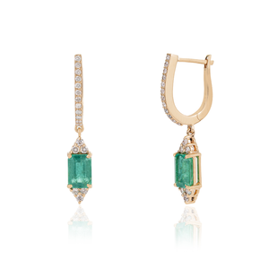 Pendientes de Aro con Diseño Innovador en Forma de Octágono, Esmeralda y Diamante de Corte Redondo, Oro Amarillo Sólido de 14K, Joyería para el Mes de Mayo - Product Image 3