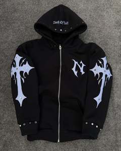 Ensemble de survêtement gothique noir à capuche, manches longues, fermeture éclair sur le devant, imprimé croix blanche, tenue décontractée d'automne pour garçons et enfants - Product Image 6