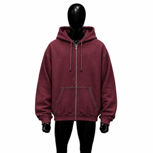 Men's <b>Oversized</b> Zip Up <b>Hoodie</b> Maroon Fleece Hooded Sweatshirt Casual Solid Contrast <b>Stitching</b> Casual Wear Drop Shoulder Fashion - Product Image 1