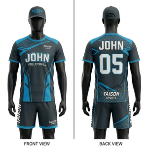 Uniforme de Voleibol para Hombre, Premium, 150 GSM, Poliéster Transpirable, Diseño con Paneles en Negro y Azul, Logotipo Personalizado por Sublimación, Nombre del Equipo, Número - Product Image 1